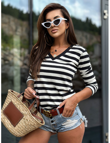 Ecru-black casual striped blouse MAYFLIES 