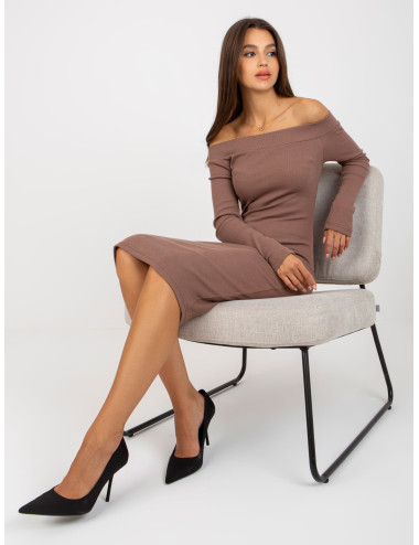 Brown Casual Ribbed Cotton Basic Dress 