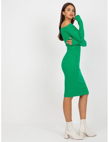 Green Ribbed Basic Casual Cotton Dress 