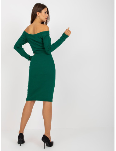 Dark Green Ribbed Basic Dress with Spanish Neckline 