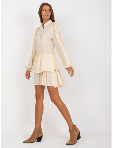 Light beige dress with flounce and long sleeve 