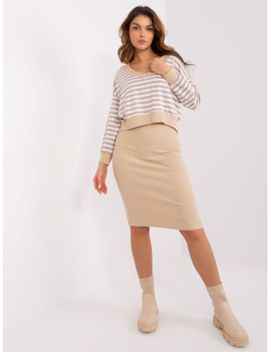 Beige and white women's set with striped blouse 