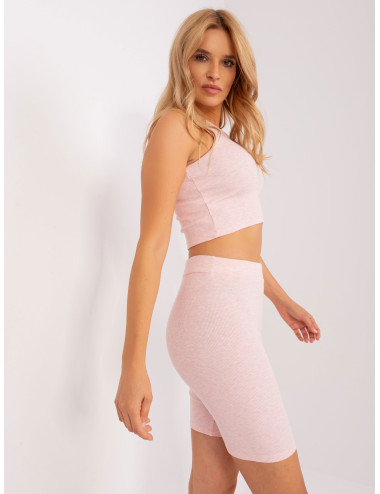 Light pink melange three-piece set with loose sweatshirt 