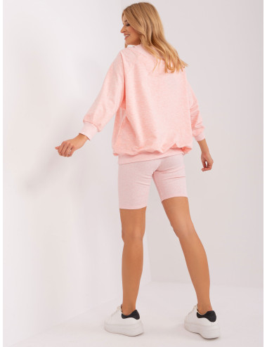 Light pink melange three-piece set with loose sweatshirt 