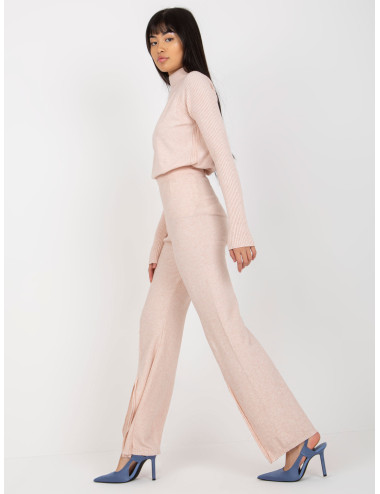 Light pink high waist slit knit trousers 