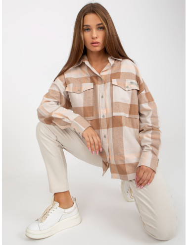 Light Beige Loose Plaid Shirt With Pockets  