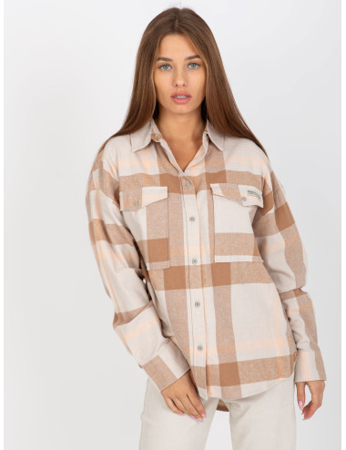 Light Beige Loose Plaid Shirt With Pockets  