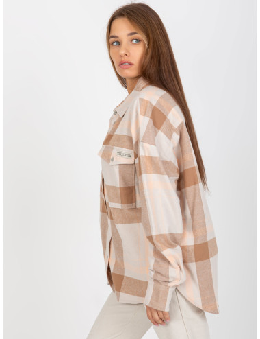 Light Beige Loose Plaid Shirt With Pockets  