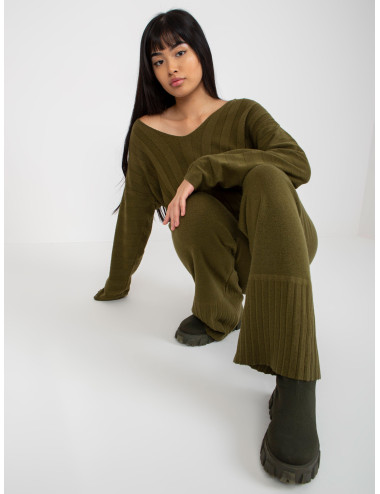 Khaki Wide Knitted Pants With Viscose  