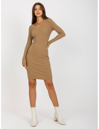 Camel fitted basic dress with stripes 