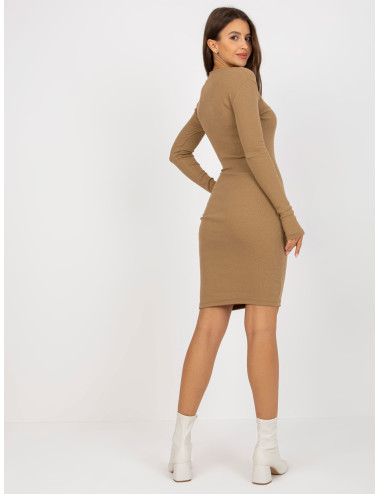 Camel fitted basic dress with stripes 