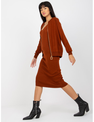 Dark brown knitted casual set with dress   