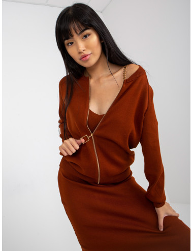 Dark brown knitted casual set with dress   