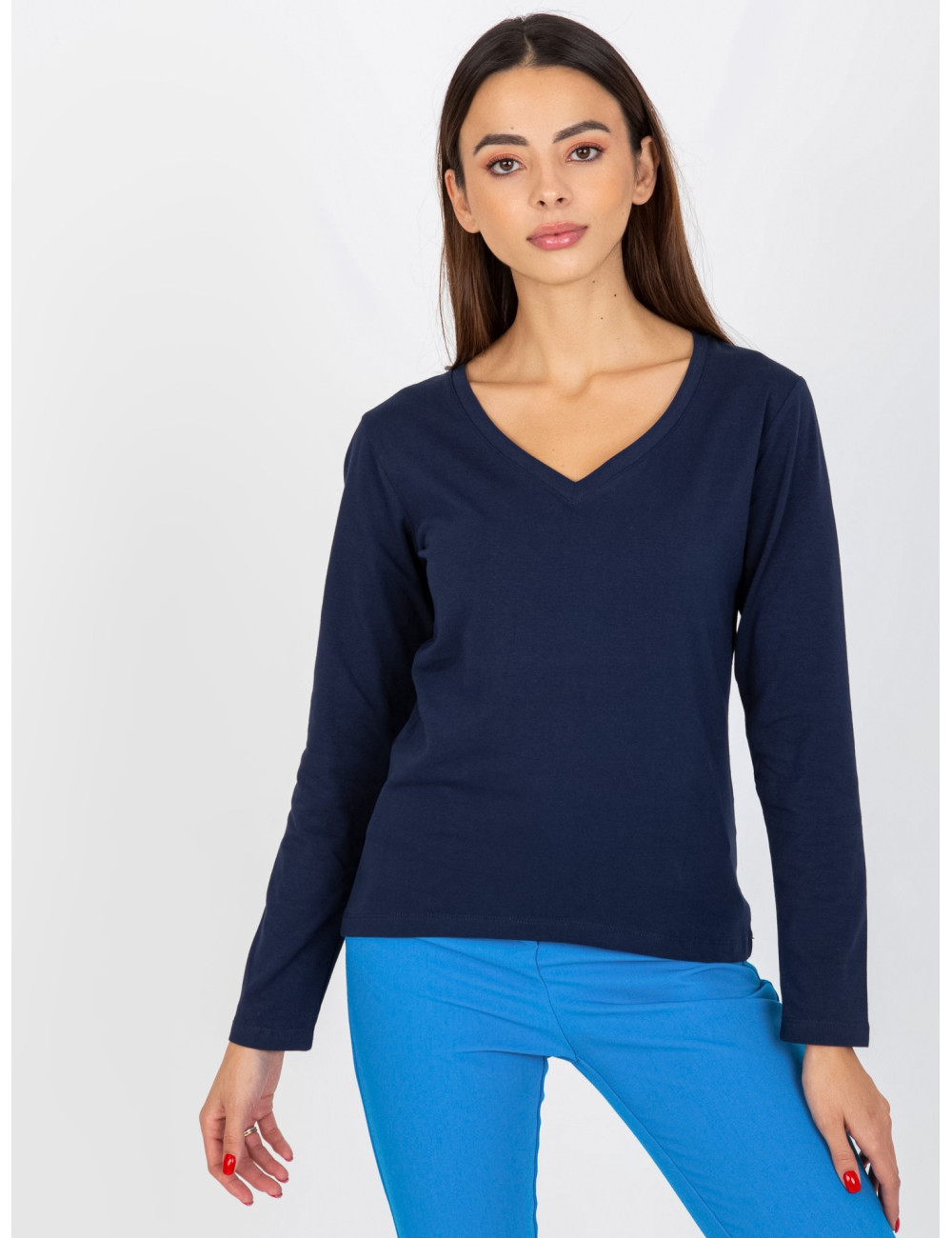 Navy Plain V-Neck Longsleeve Blouse 