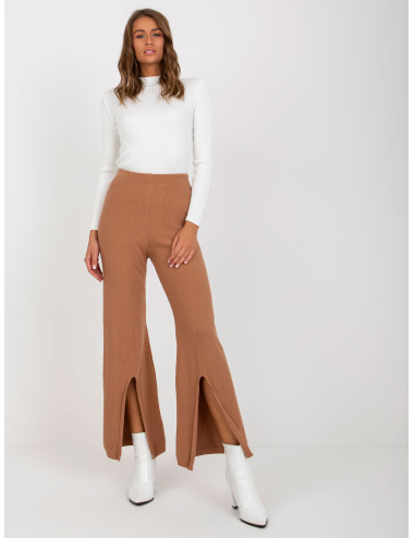 Camel high waist knit trousers with slit 