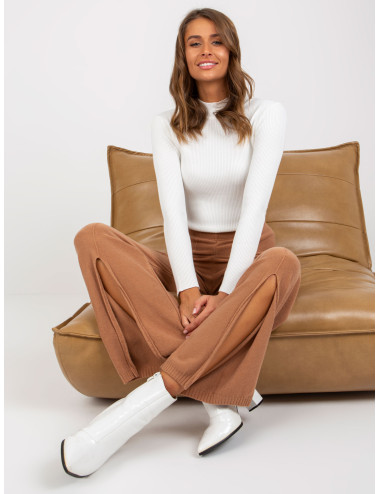 Camel high waist knit trousers with slit 