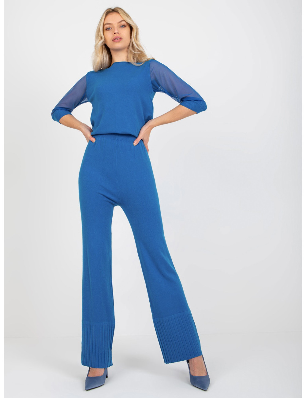 Dark blue women's high waist knitted trousers 