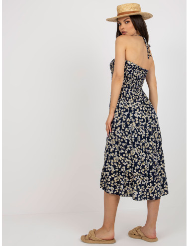 Navy blue floral dress with a tie on the back 
