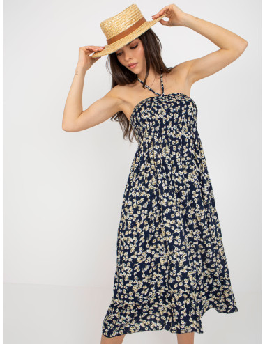 Navy blue floral dress with a tie on the back 