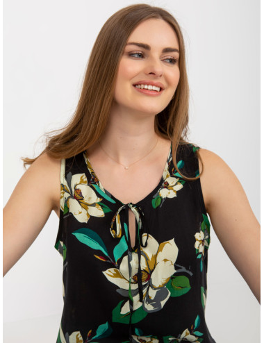 Black floral blouse with decorative trim 