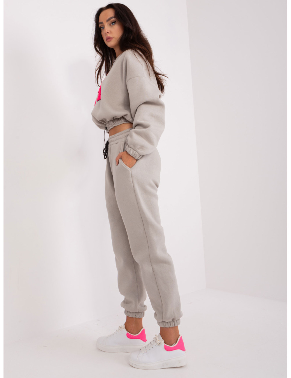 Grey and pink women's tracksuit set with patches 