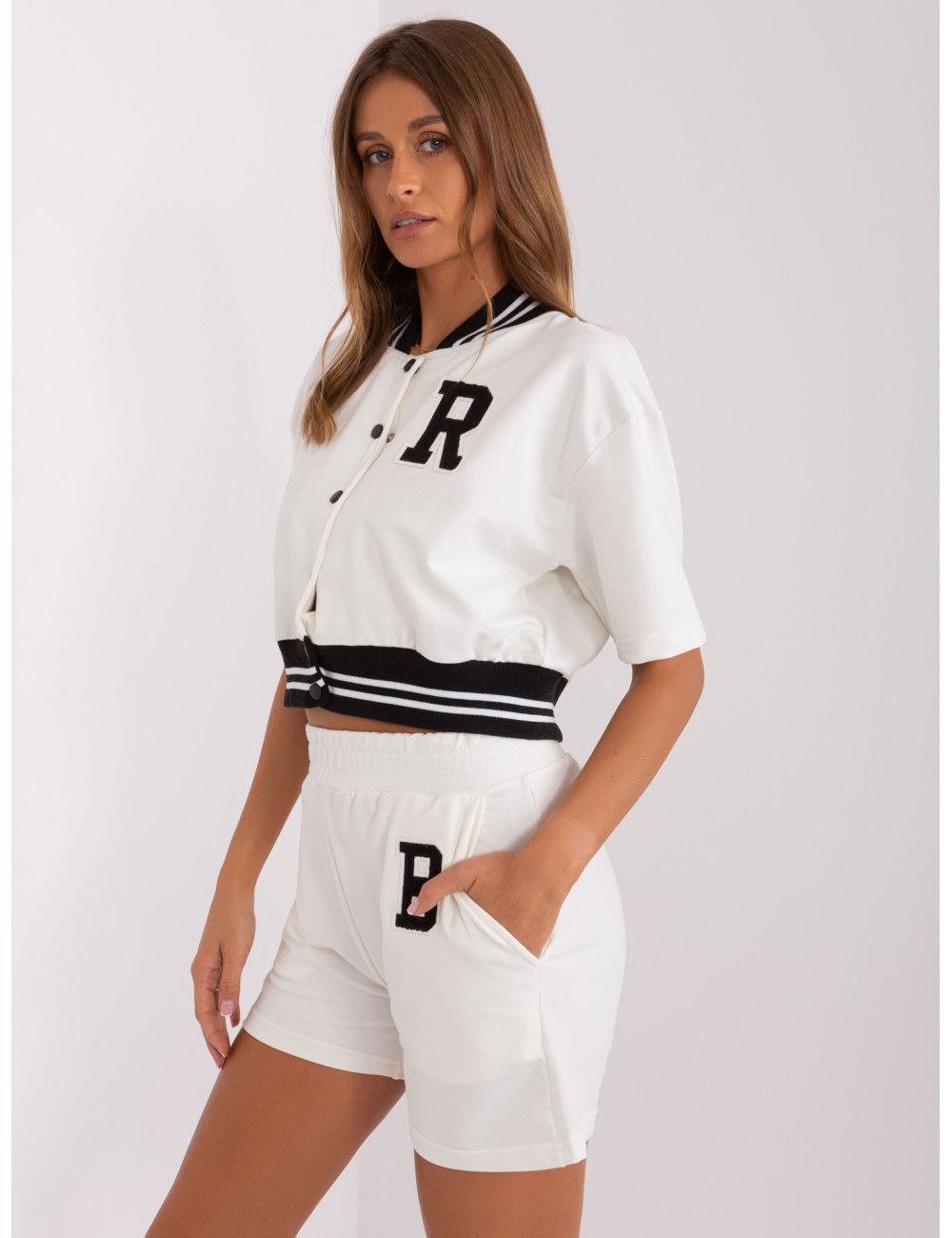 Ecru casual set with short baseball sweatshirt 