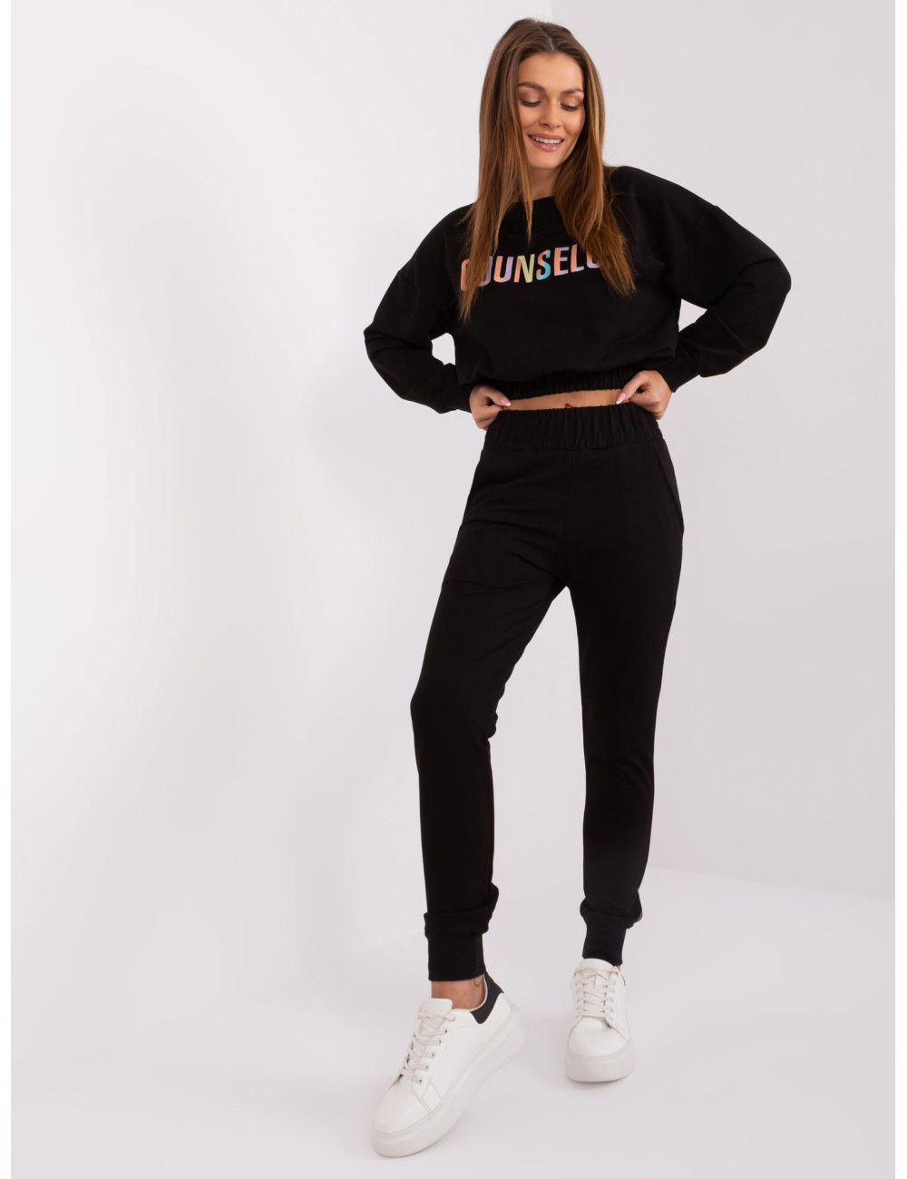 Black cotton set with sweatshirt with colorful lettering 