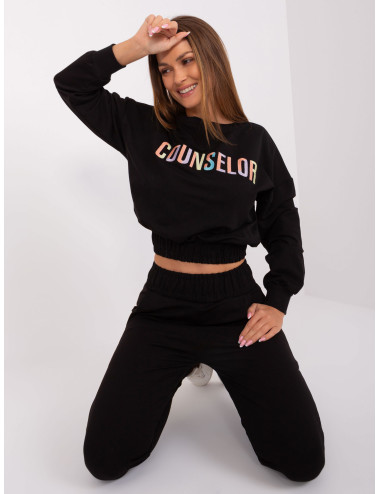 Black cotton set with sweatshirt with colorful lettering 