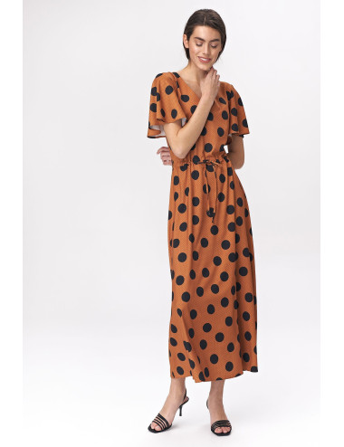 Karmelowa sukienka maxi z rozkloszowanymi rękawami -  grochy 